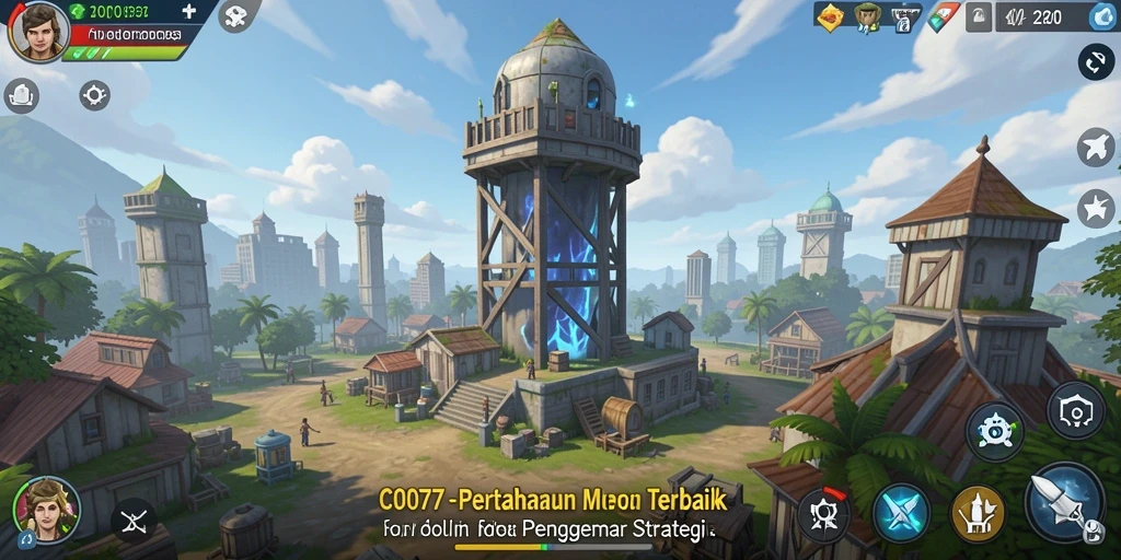 Screenshot utama C0077 menampilkan aksi menara defensif melawan gelombang musuh.