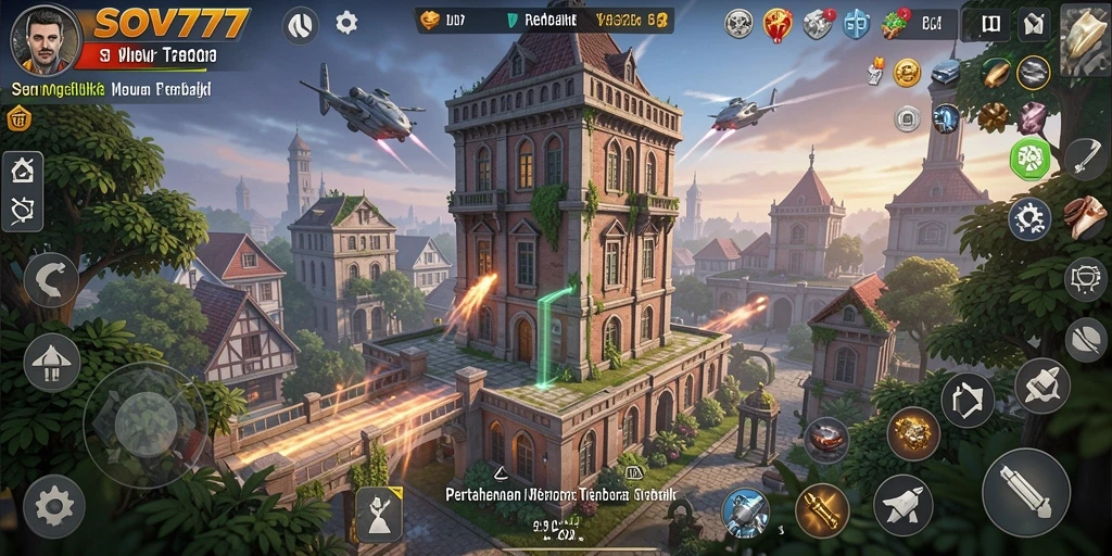 Tampilan action mendebarkan dalam gameplay SOV777 yang menampilkan pertahanan menara.