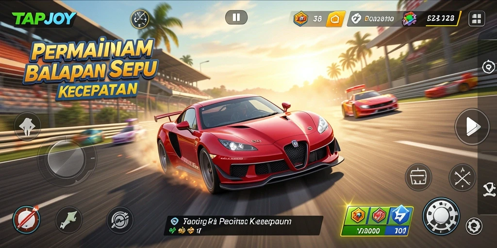 Tampilan gameplay TAPJOY dengan mobil balap yang melaju kencang.
